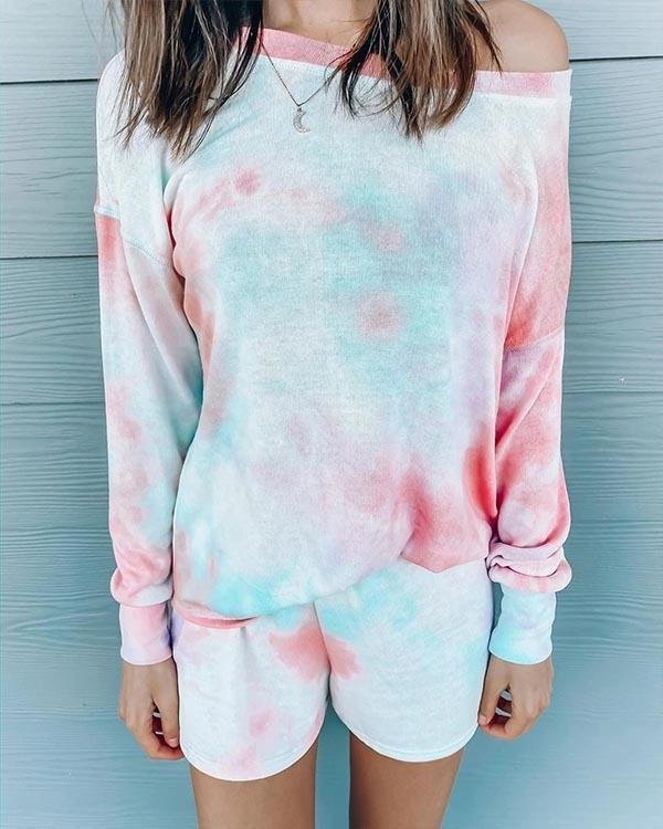 Colorful Tie Dye Oblique Shoulder Elastic Waistband Sweatsuit