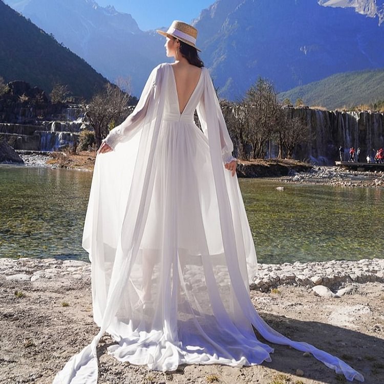 Long-Sleeve Open-Back Maxi A-Line Dress YP4370