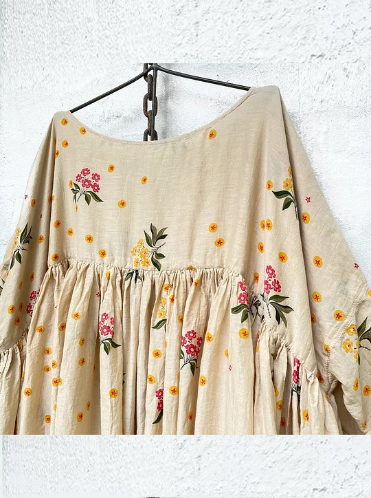 Flower & Plaid Loose Linen Dress