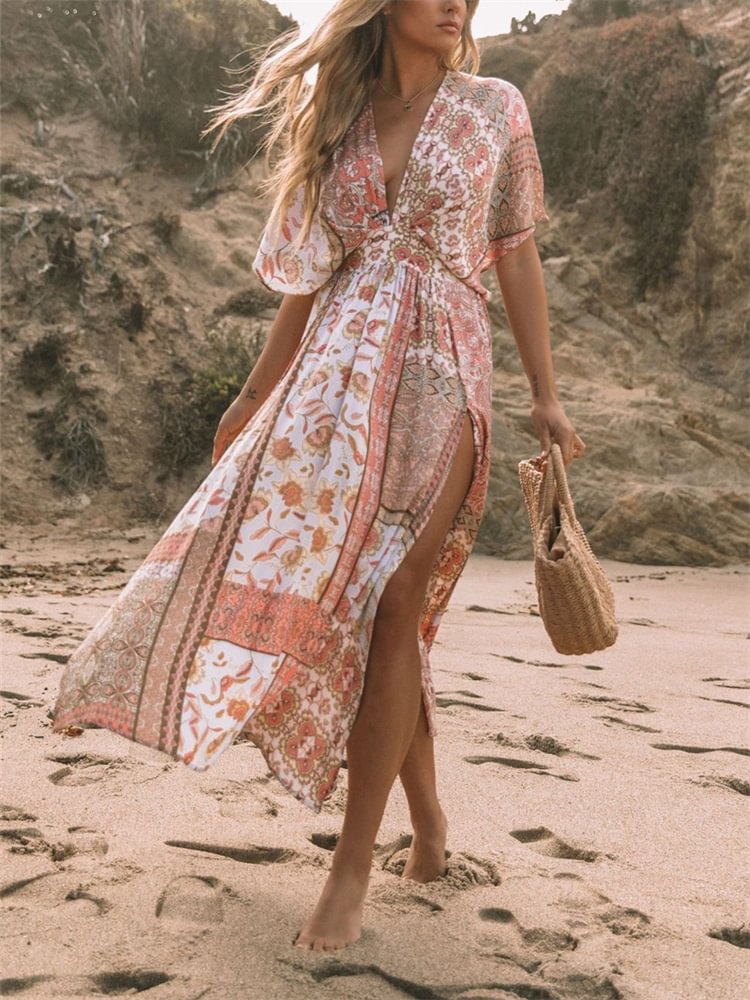 Boho Floral Side Slit Kimono Maxi Dress