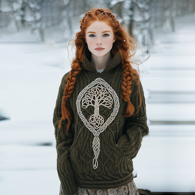 Vintage Viking Tribal Tree Of Life Jacquard Celtic Knit Hooded Sweater