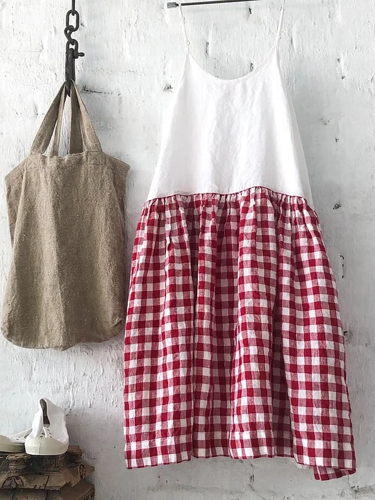 Classic Check Print Stitching Sling Linen Dress