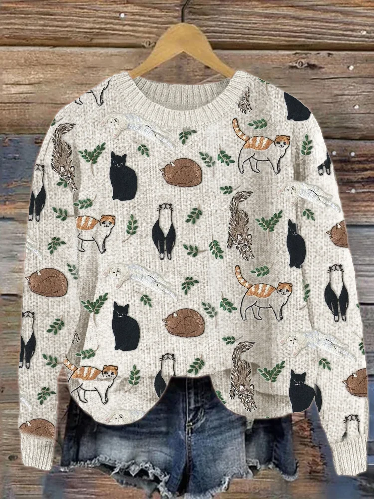 Cats & Leaves Embroidery Pattern Cozy Knit Sweater