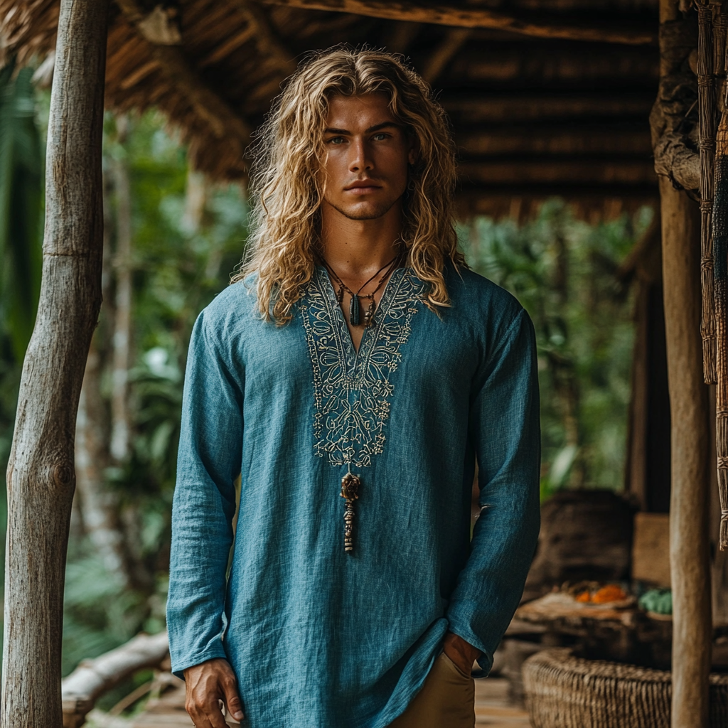 Men's Bohemian Holiday Style Vintage Linen Printed Casual Long Sleeve Top-inspireuse