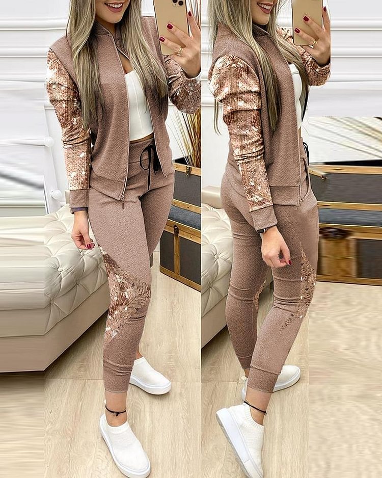 Contrast Sequins Zipper Design Jacket & Drawstring Pants Set P11053