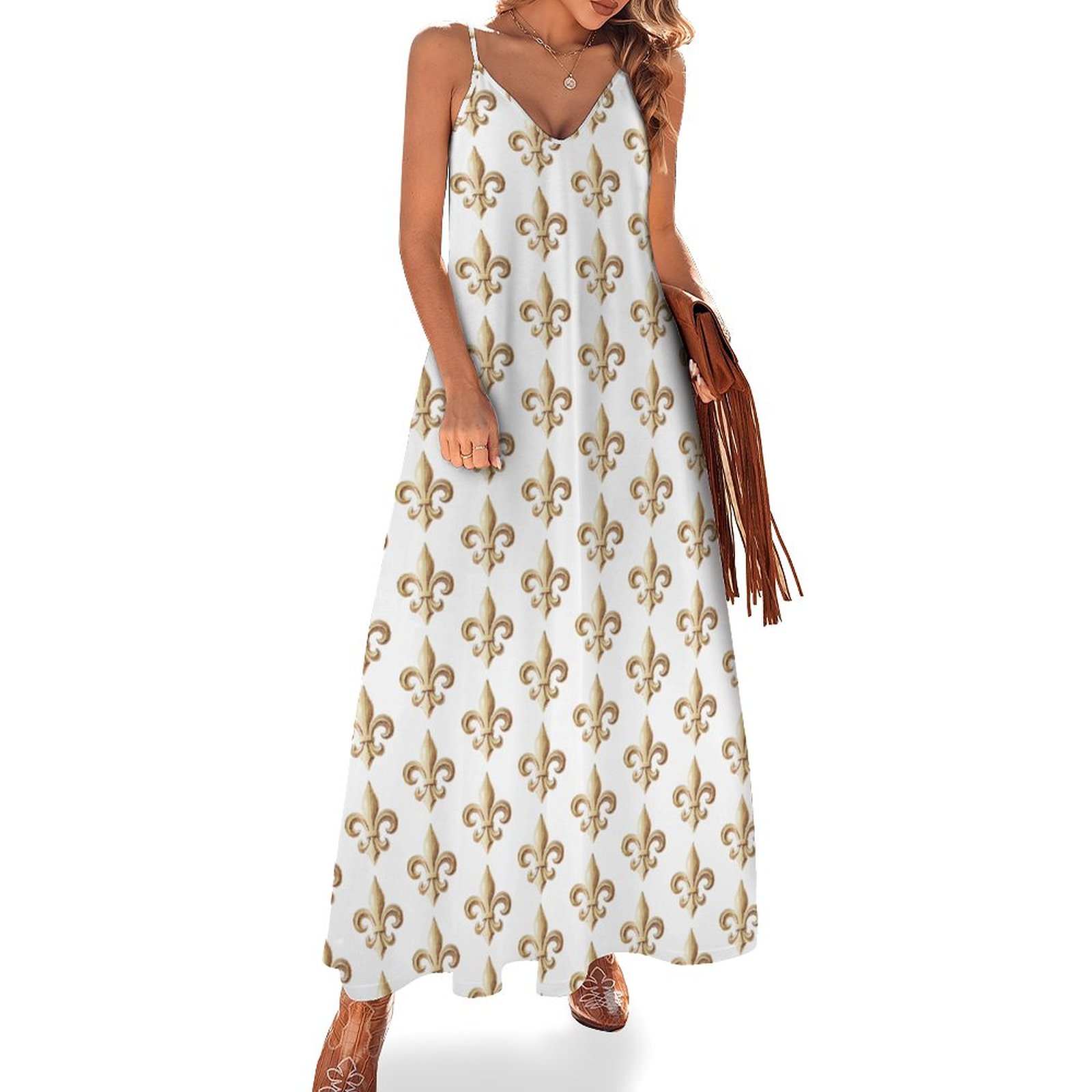 Classy Gold Gradient Heraldic Fleur De Lis Women's Casual Strappy V Neck  Sleeveless Flowy Loose Long Maxi Beach Dress Sundress