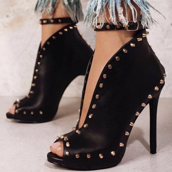 Black Stiletto Heel Summer Boots Peep Toe Ankle Booties with Studs |FSJ Shoes