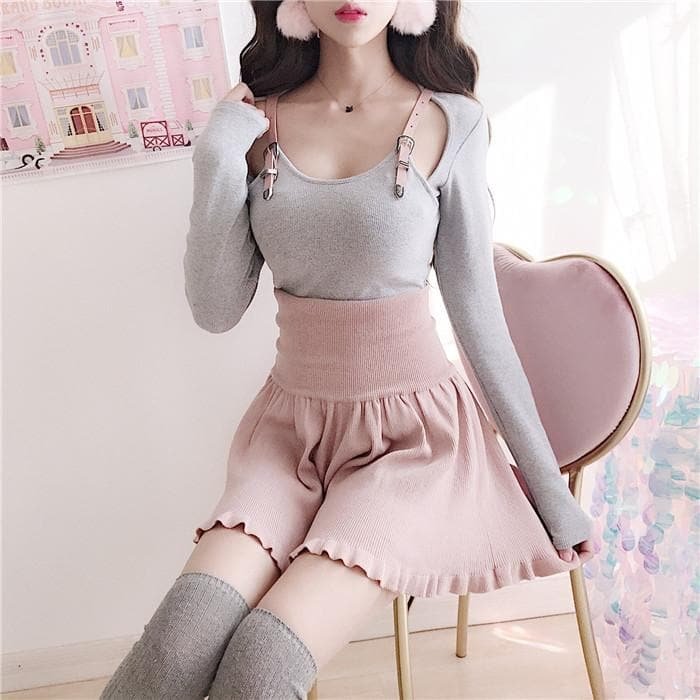 SpreePicky 4 Colors Gothic Harajuku Belt Shirt Shorts Set SP13299