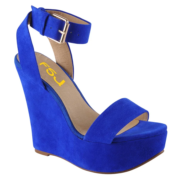 Women's Royal Blue Platform Ankle Strap Slingback Wedge Sandals |FSJ Shoes