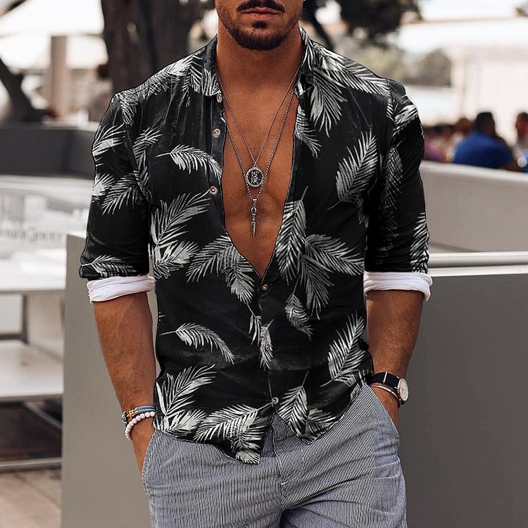 New Mens Vintage Leaves Print Holiday Casual Shirt
