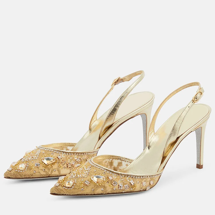 Gold Pointy Toe Lace Slingback Pumps Elegant Crystal Decor Prom Heels |FSJ Shoes