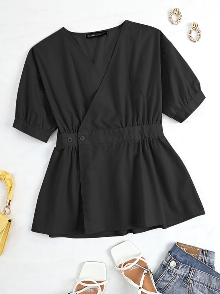 Solid Color V neck Button Short Sleeve Women Blouse P1856340