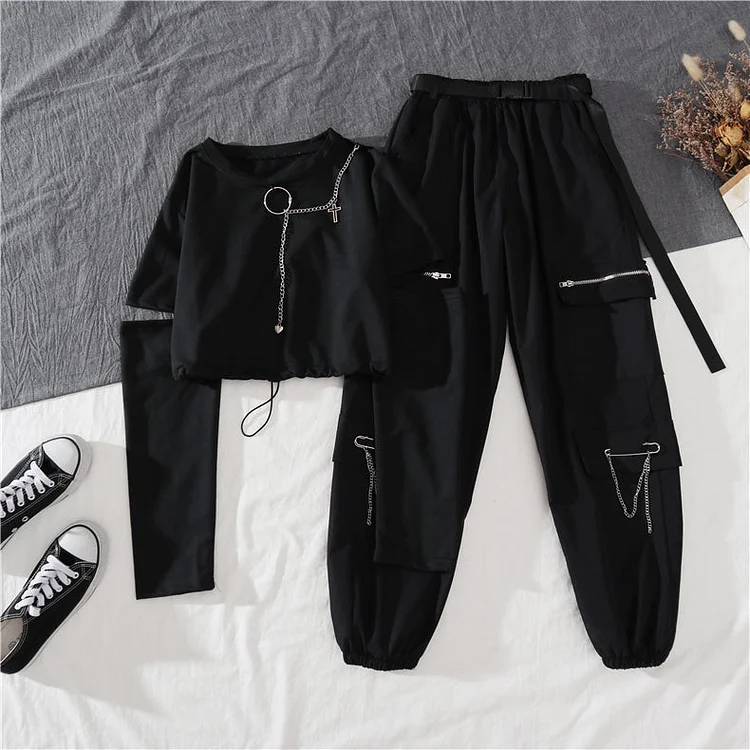 Sports Hoodie With Removeable Sleeves and High Waist Street Fashion Cargo Pants