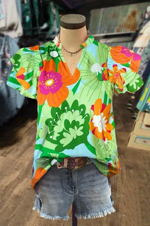 Mixed Floral Print Layered Ruffle Sleeve Top