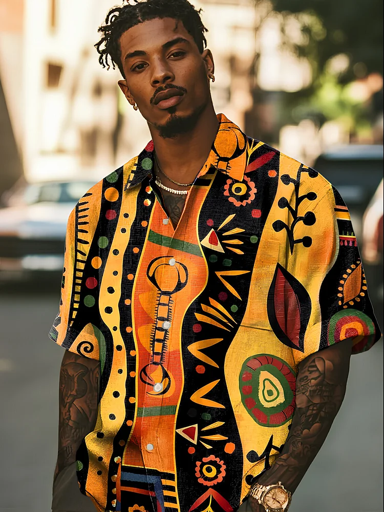 Men's Retro African Tribal Geometric Totem Print Short Sleeve Shirt