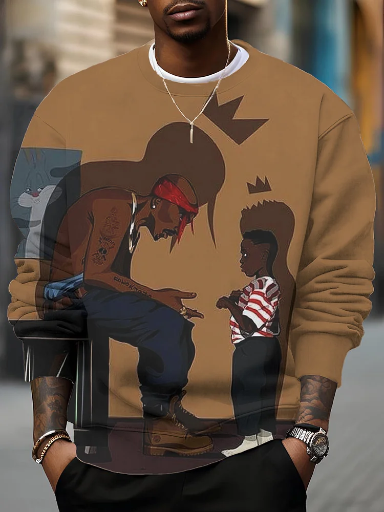 Men's Retro Hip Hop Black Man And Boy Print Casual Sweatshirt
