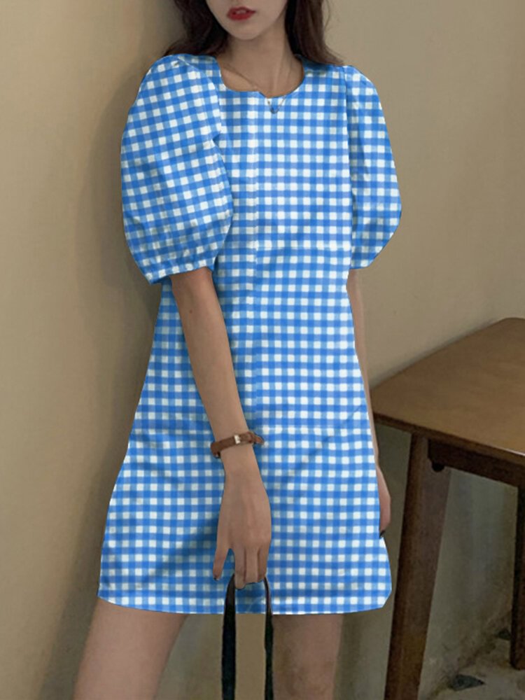 Check Print Puff Sleeve Keyhole Back Crew Neck Dress