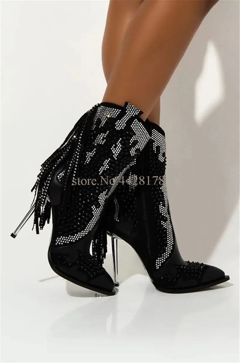 VCSHOES Womens Rhinetone Embellished Over The Knee Boots Crystal Fringe Party Shoes Thigh Metal High Heel Long Boots
