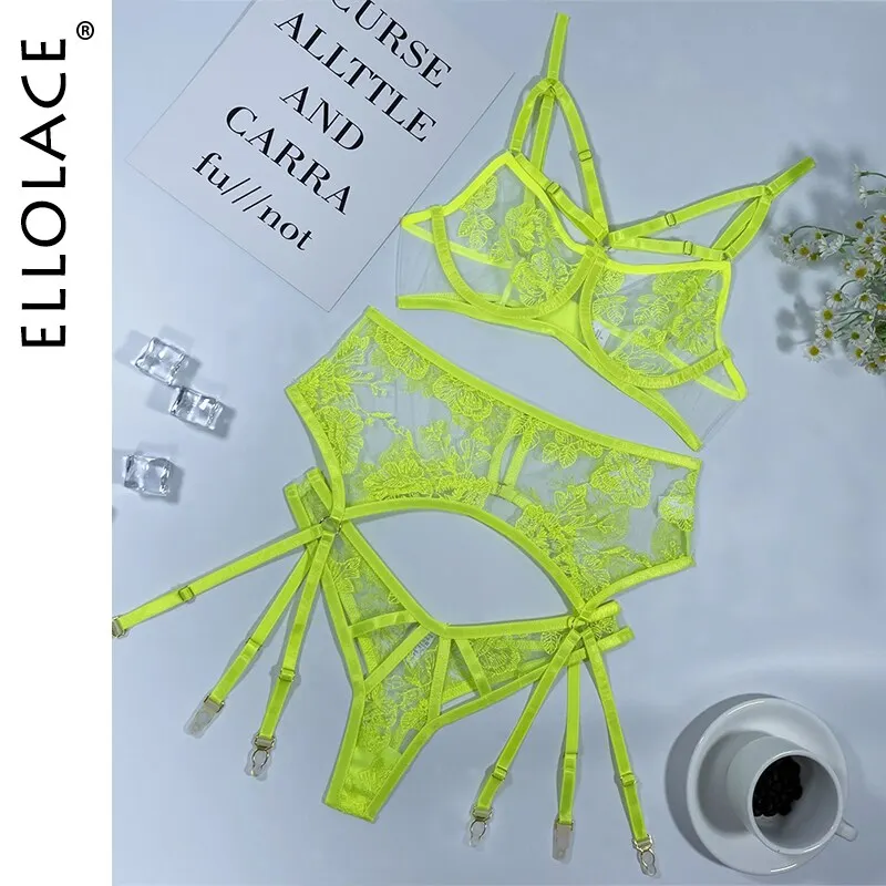 Uaang Ellolace Erotic Lingerie Set Woman 3 Pieces Sensual Embroidery