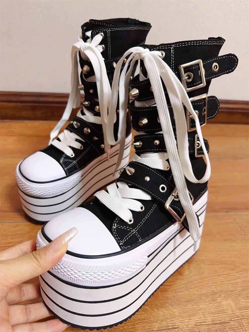 VCshoes Women Wasteland Punk Short Boots Woman High Wedges Heels Pumps Lady Dress Party Shoes Round Toe Black Canvas Shoes 32-47 Rivets