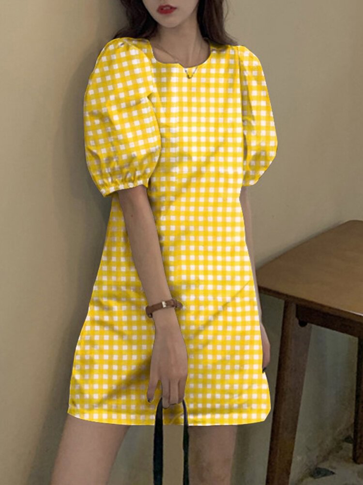 Check Print Puff Sleeve Keyhole Back Crew Neck Dress