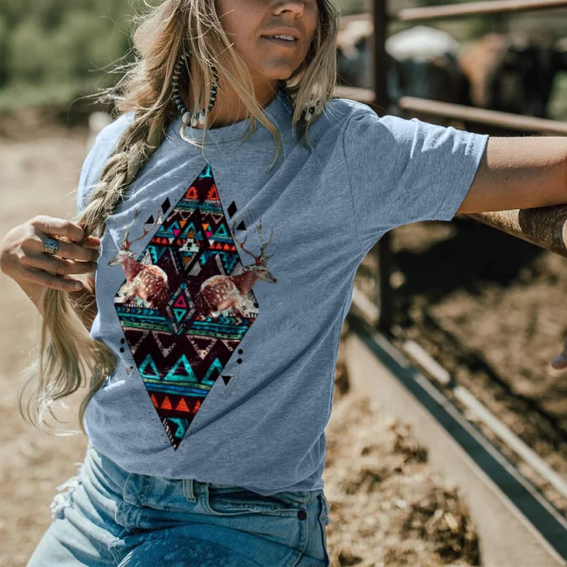 Deer And Rhombus Printed Casual Women's T-shirt