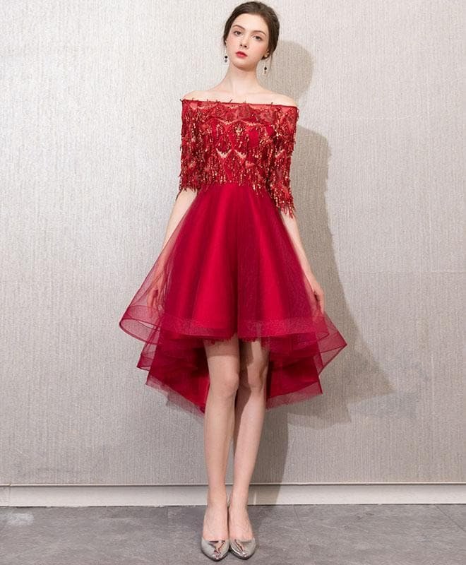Burgundy Tulle Lace Short Prom Dress, Burgundy Tulle Homecoming Dress