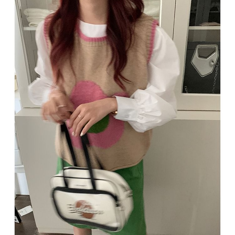 Puff-Sleeve Plain Shirt / Flower Print Sweater Vest KU27
