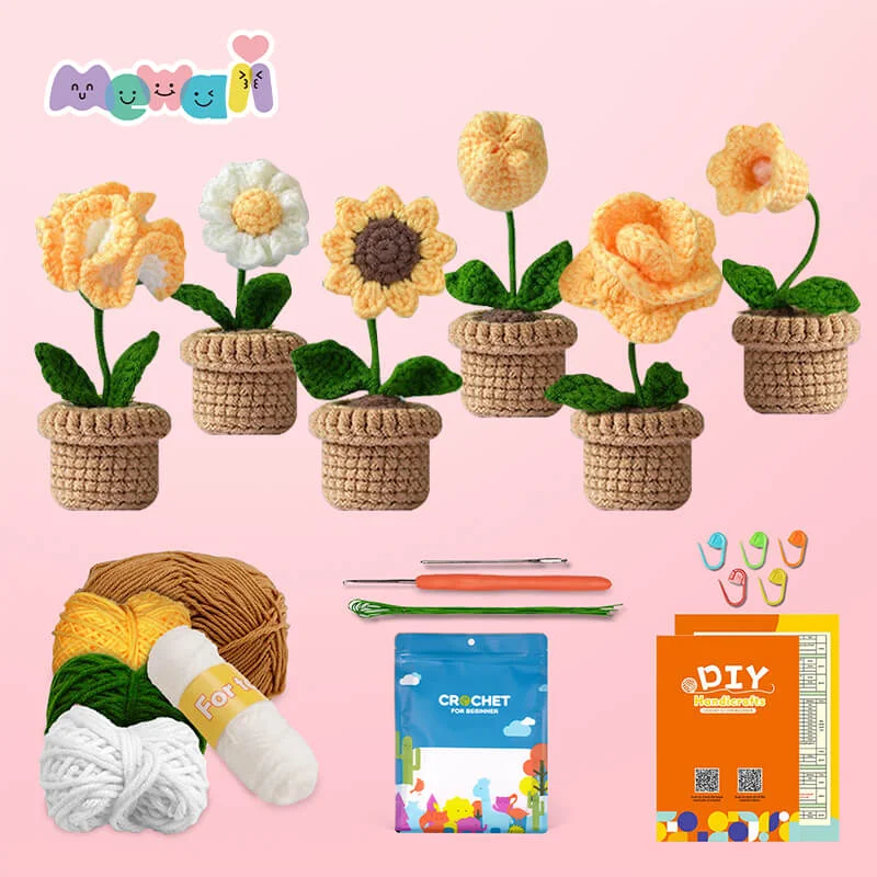 Mewaii Crochet Kits For Beginner Easy Crochet Yarn Flowers and Potted Plants DIY Crochet Kit with Easy Peasy Yarn-6pcs