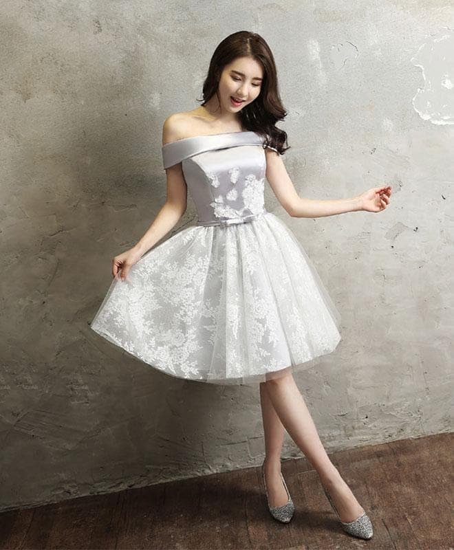 Gray Tull Lace Off Shoulder Short Prom Dress, Homecoming Dress