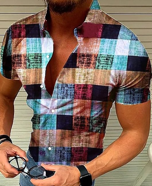 Casual Multicolor Check Lapel Collar Short Sleeve Shirt