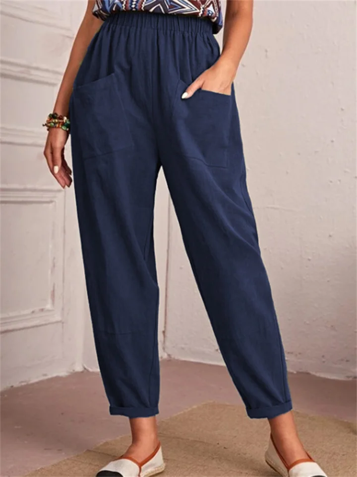 Women's New Cotton and Linen Nine-minute Trousers Elasticated Waist Casual Trousers Pocket Small Leg Trousers-JRSEE