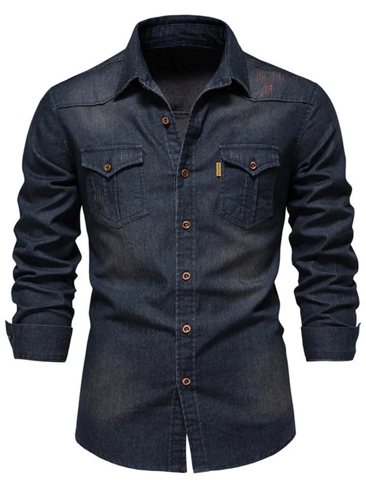Men's Shirt Denim Shirt Solid Color Turndown Black Blue Casual Daily Long Sleeve Clothing Apparel Cotton Simple