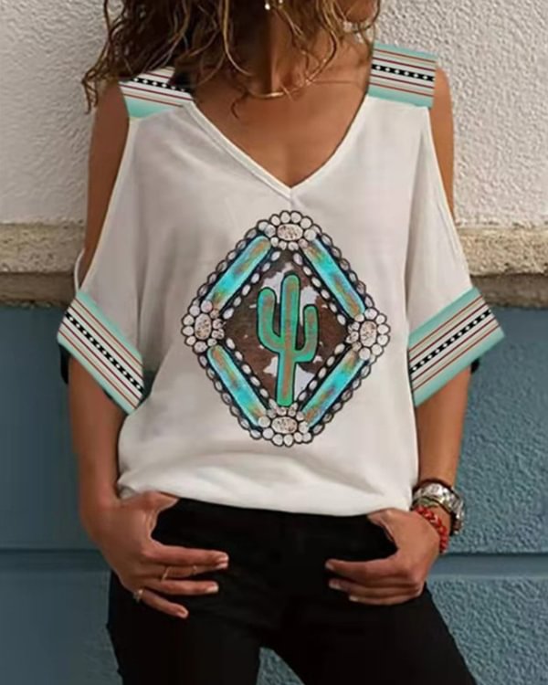 Oversized Off-the-shoulder Mid-sleeve Vintage-print Top - Chicaggo