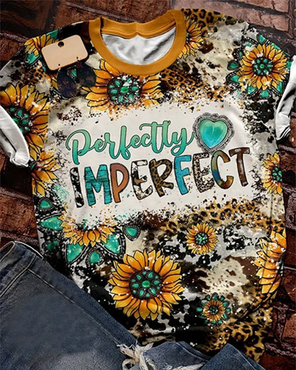 Perfectly Imperfect Gemstone Sunflowers Leopard Cowhide Print Short Sleeve T-shirt