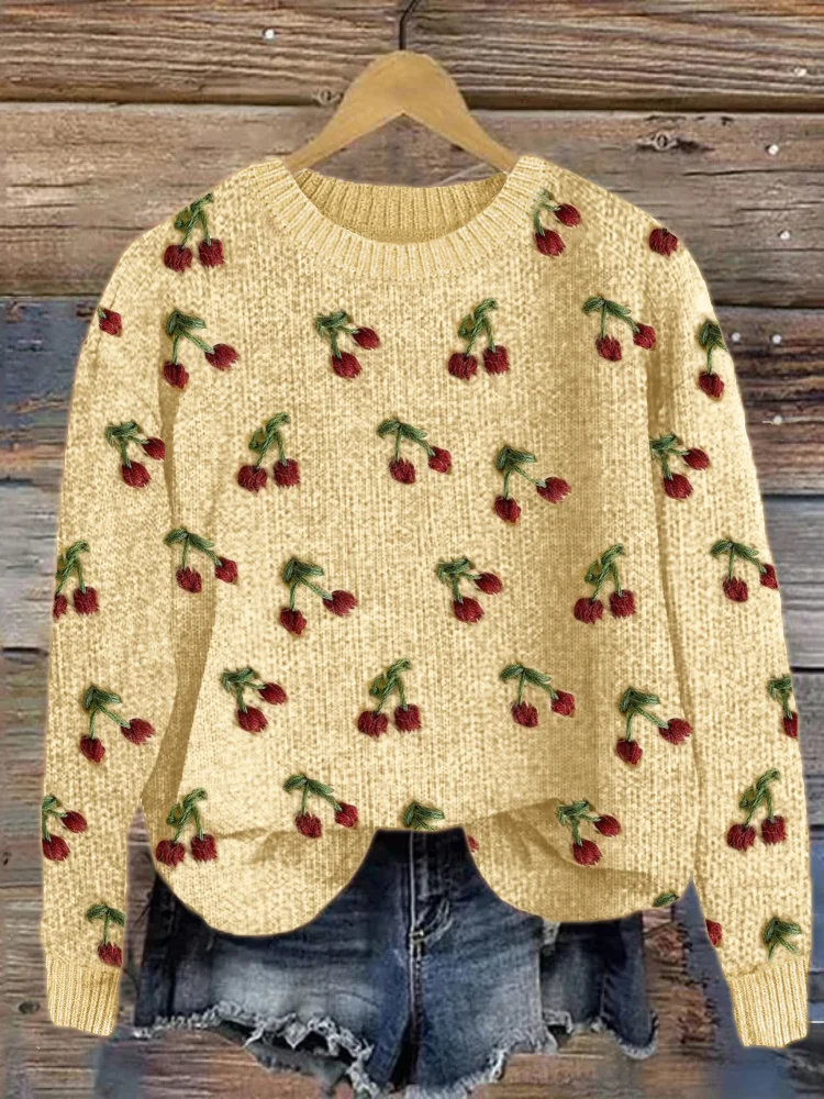 VChics Vintage Cherry Crochet Pattern Cozy Knit Sweater