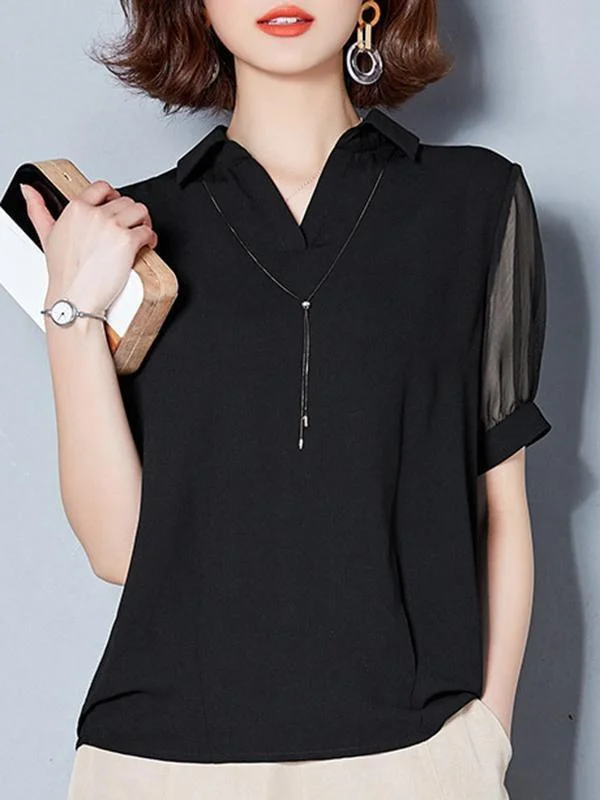 Black Mesh Perspective Patchwork Casual Blouses