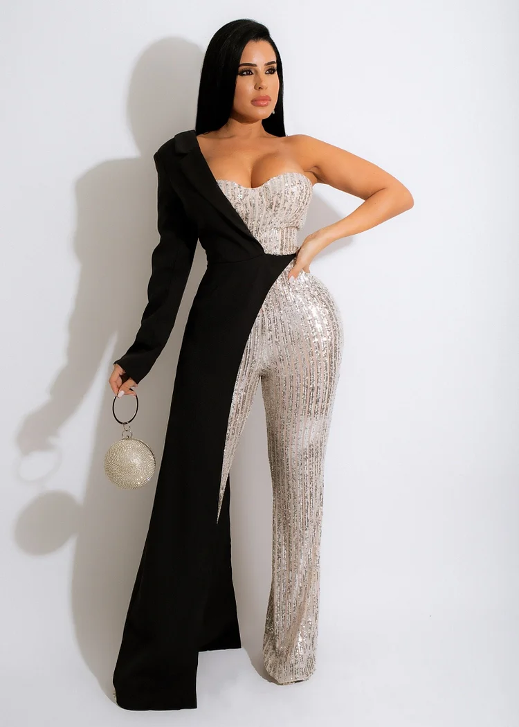 Slide Longsleeves Sequin Long Skirt Party Formal Jumpsuit