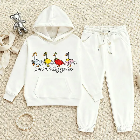 【2Y-13Y】Duck Print Hoodie And Jogger Set For Kids - "Just A Silly Goose" Design