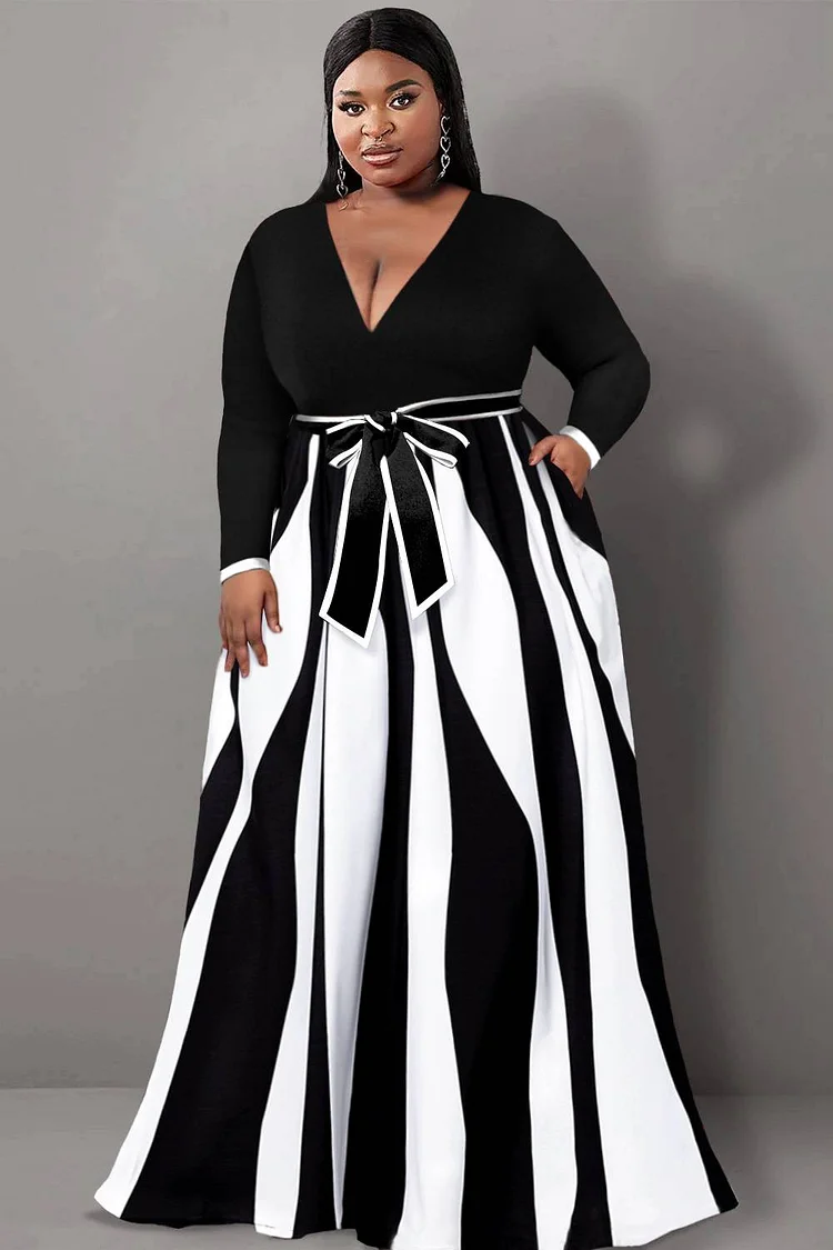 Plus Size Semi Formal Maxi Dresses Casual Black Geometric Fall Winter V Neck Long Sleeve Wrap Knitted Maxi Dresses With Pocket [Pre-Order]