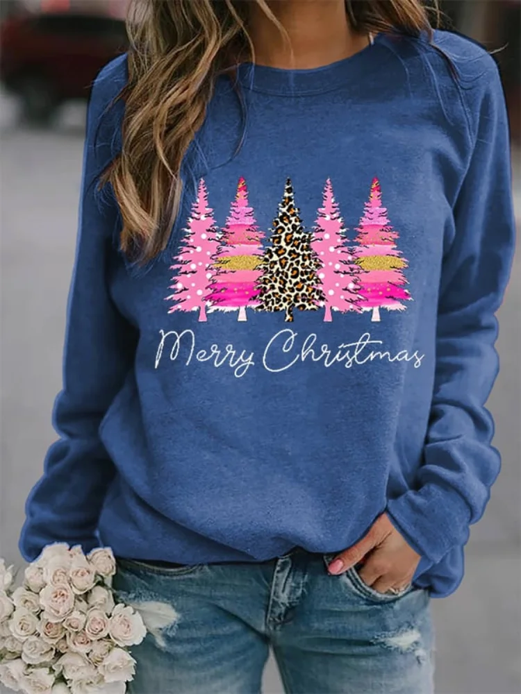 Vefave Merry Christmas Leopard Printed Casual Sweatshirt