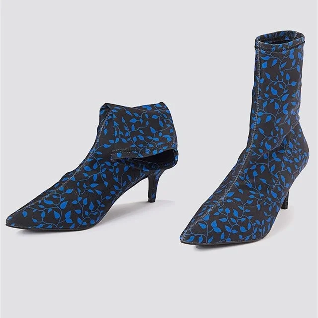 Black and Blue Patterned Pointed-Toe Sock Boots Vdcoo