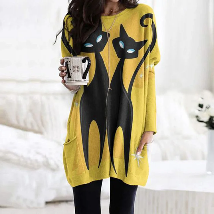 Vefave Vefave Vefave Double Cat Print Pocket Long Sleeve Tunic