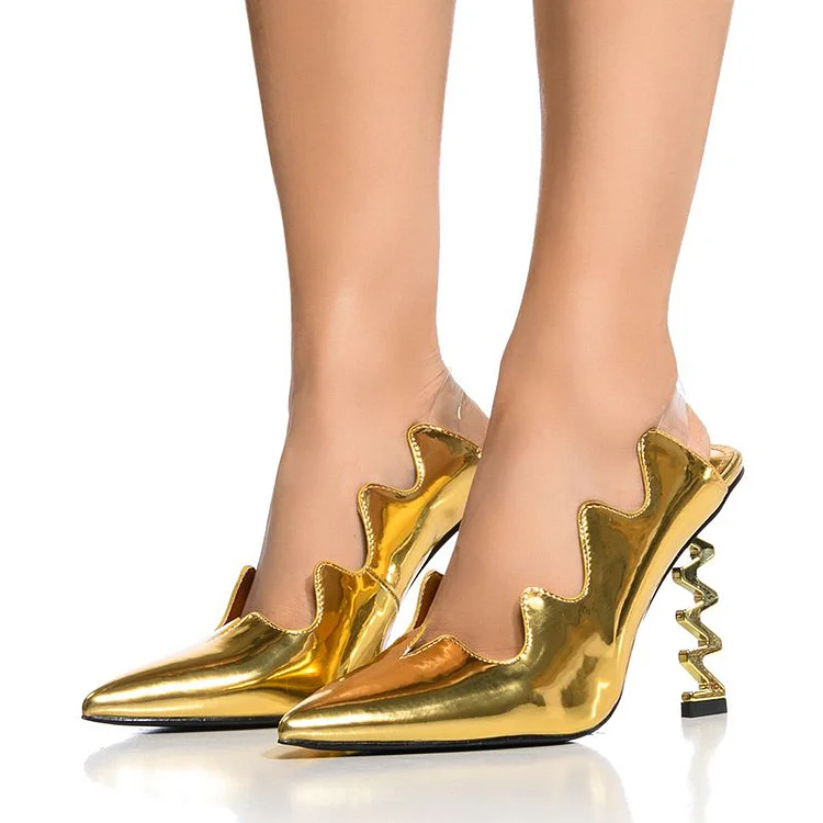 Elegant Gold Patent Leather Sculptural Heel Pointed Toe Mules Shoes |FSJ Shoes