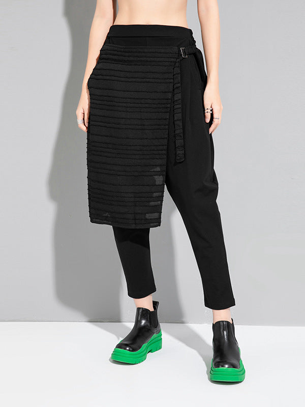 Original Black Patchwork Pleated False Two Pieces Harem Pants