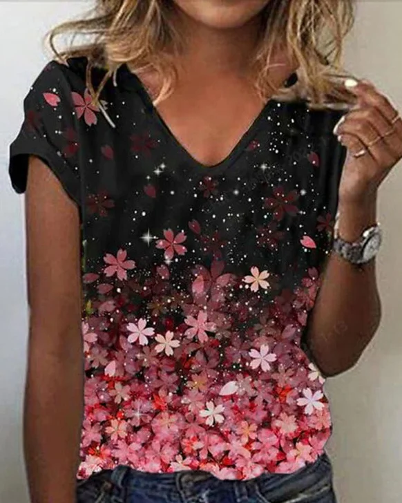 Women's Floral Gradient V Neck Cotton Blend Black Short Sleeve Casual T-shirt