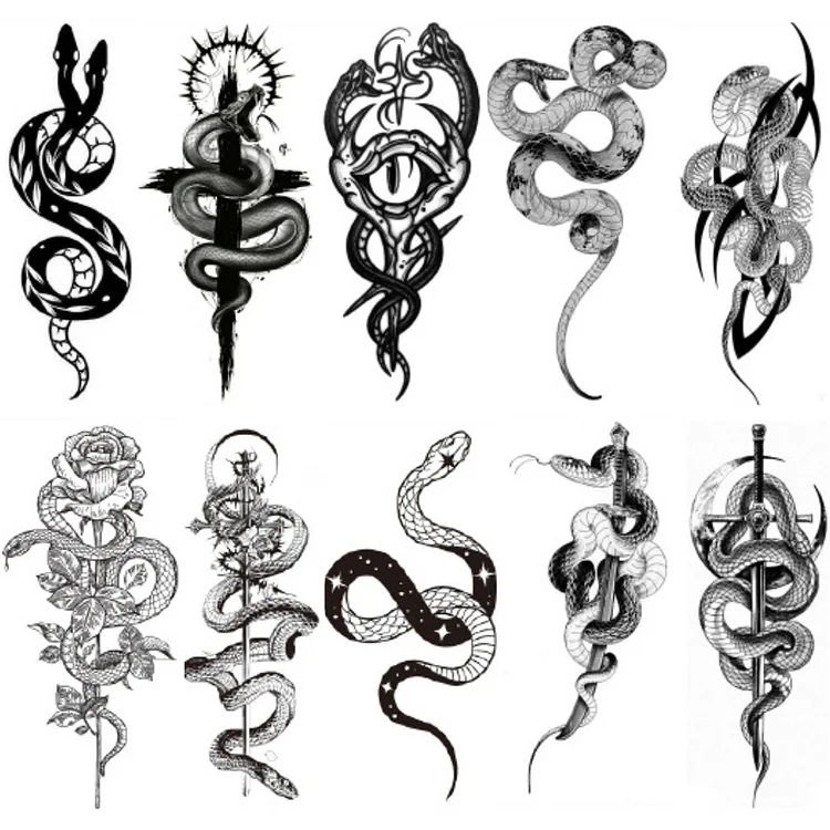 10pcs Tattoo Stickers Waterproof Snake Cool Tattoos for Men Women 68x140mm (C)