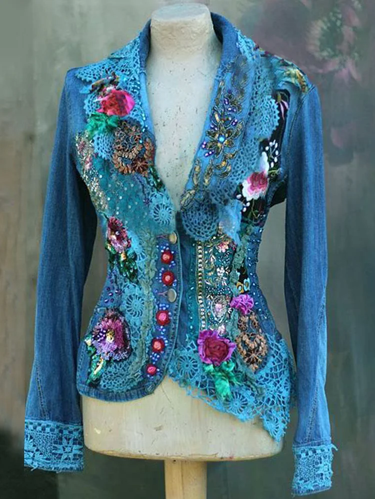 Ursime Elegant Lapel Collar Lace Floral Decor Button Asymmetric Jacket