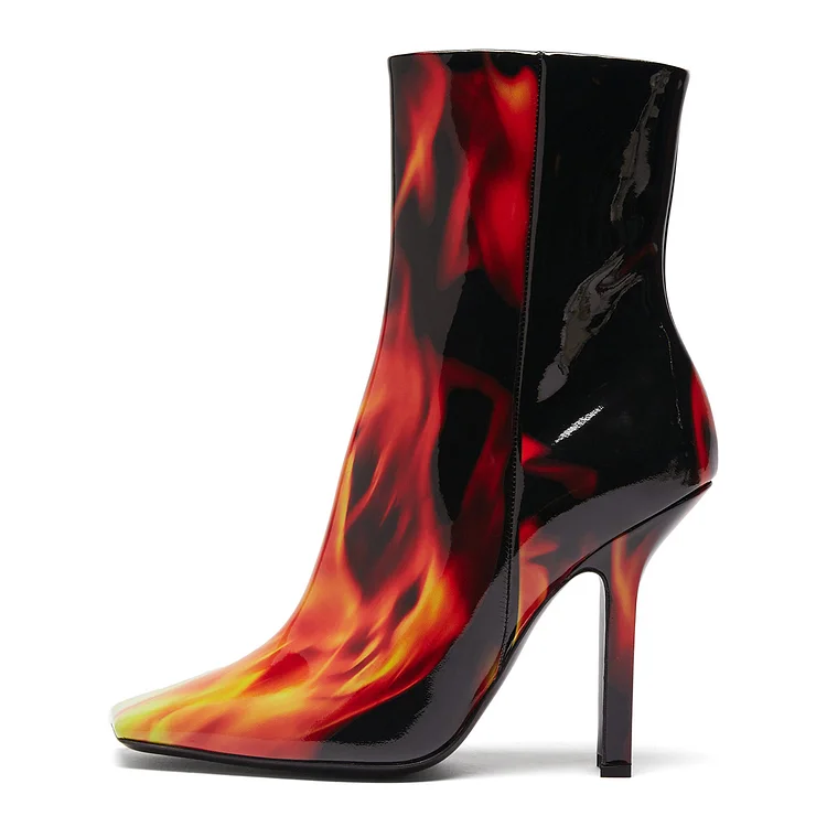 Black & Red Patent Leather Flame Stiletto Heel Square Toe Ankle Boots |FSJ Shoes