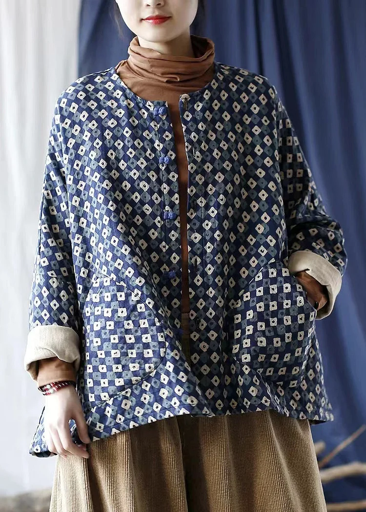 Vintage Blue Oversized Print Linen Coat Spring
